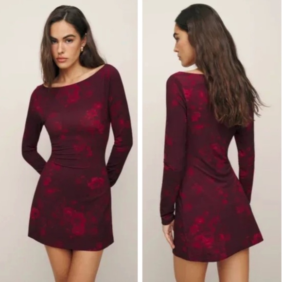 NWT Reformation Jaelynn Knit Mini Dress - Sanguine Red Floral Long Sleeves